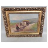 Antique signed oil on board in carved wood gilt