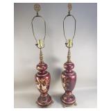 Pair of metal hand painted floral table lamps