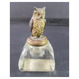Antique metal and glass owl figure inkwell