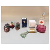 Group of vintage perfume bottles, trinket box,