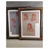 Pair of antique signed sanguine sketches, framed