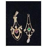 10k gold Victorian amethyst & emerald pendants