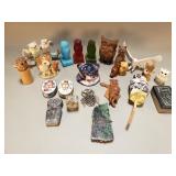 Group of owl figurines, pill box, rattle,