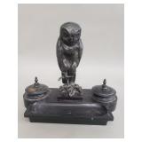 Antique bronze and stone owl motif inkwell