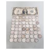 62 Roosevelt silver dimes 1946-1964 ,1 1937-D