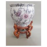 Chinese porcelain fish bowl planter on wood stand