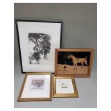 Signed owl lithograph, vintage dogs on glass,