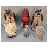 Group of owl figurines, ceramic, stone and metal