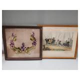 Vintage French etching & vintage embroidery of