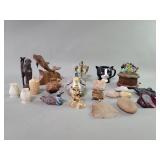 Carved wood figures, rock specimens, onyx,