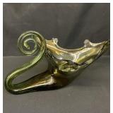 Vintage hand-blown green and gold swirled art