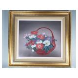 Signed still life painting on fabric