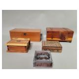 Group of pine, walnut, glass trinket boxes