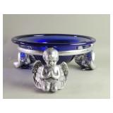 Hand blown glass bowl on pewter three cherub