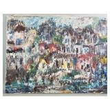 Impasto-style oil on canvas cityscape painting,
