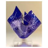 Signed cobalt blue fused glass handkerchief vase