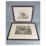 Pair of vintage hand colored etching