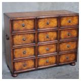 Vintage burl wood 12-drawer cabinet with brass