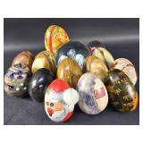 Group of marble, metal, wood, eggs and glass