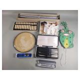 Box of misc. pantograph, wood puppets, butter