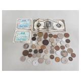 Foreign coins and currency including a 1878