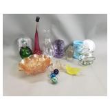 Group of glass figurine, ornament, trinket dish,