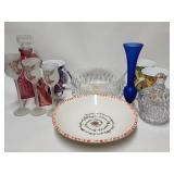 Misc vintage items; pink decanter, rose mugs