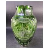 Vintage Bohemian green crystal vase
