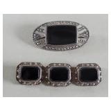 Pair of sterling silver, onyx and marcasite