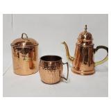 Vintage 3pc copper coffee pot, sugar jar, cup