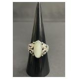 Sterling silver ring white cabochon ornate scroll