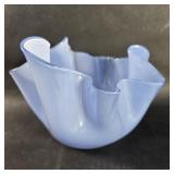 Blue opalecent art glass handkechief vase mid