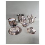 Silver plate ice buckets, teapots, covered bowl