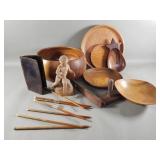 Group of vintage wood bowls, figurine,