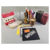 Group of vintage cameras, stir sticks, bowl,