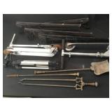 Vintage metal sawhorses, fireplace tools, Razors