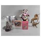 Nambe aluminum ice bucket, brass figures,