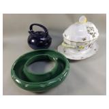 Group of porcelain soup tureen, pottery teapot,