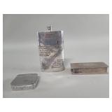 Pewter flask,  Pewter trinket box,  silver plate