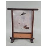 Vintage Asian aluminum and wood engraved panel