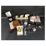 Box of miscellaneous: "Ocean 13" poker cards, key
