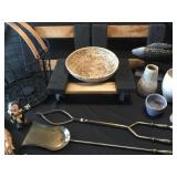 Fireplace tools, pottery, dollies, metal basket