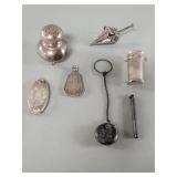 Sterling silver salt shaker, brooch, key ring,