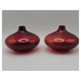 Pair of hand-blown cranberry art glass bulbous
