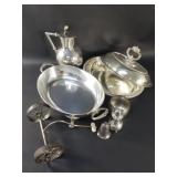 Box of silver coated dish, wine holder, salt and