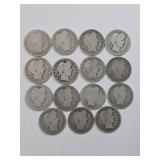 15 antique Barber silver quarter coins 1892-1916