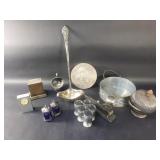 Box of silver plate, desk clock, lidded bowl,