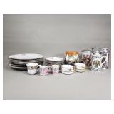 Box of porcelain and ceramic plates, tea caddy,