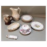 Box of porcelain plates, Staffordshire pitcher,