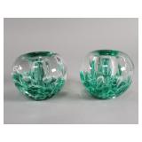 Pair of vintage emerald green and clear art glass